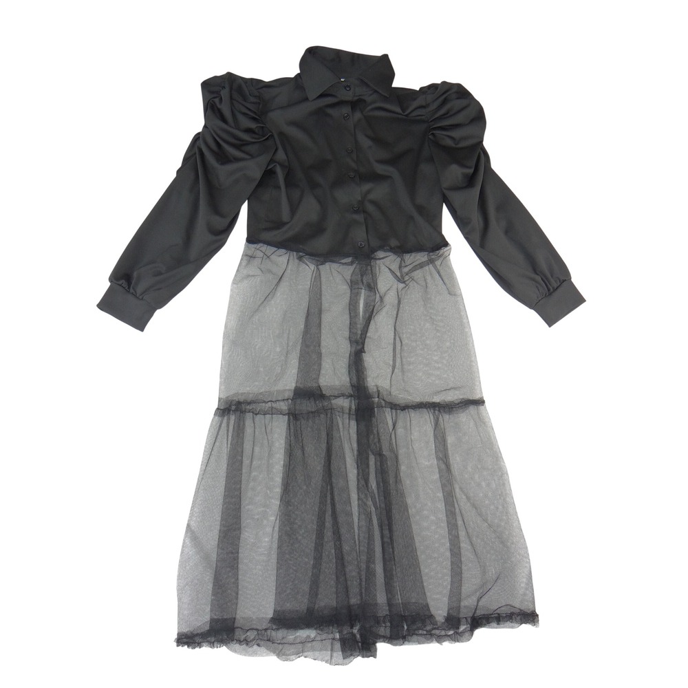 Black Puff Sleeve Shirt Dress Sheer Tulle Tieredโ Midi Avant Garde Goth Medium